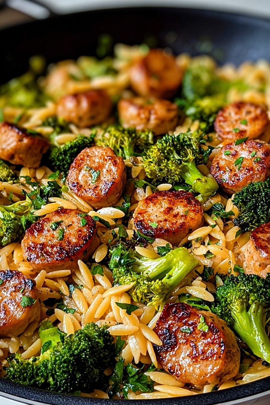 Chicken chicken sausage broccoli and orzo skillet image 2
