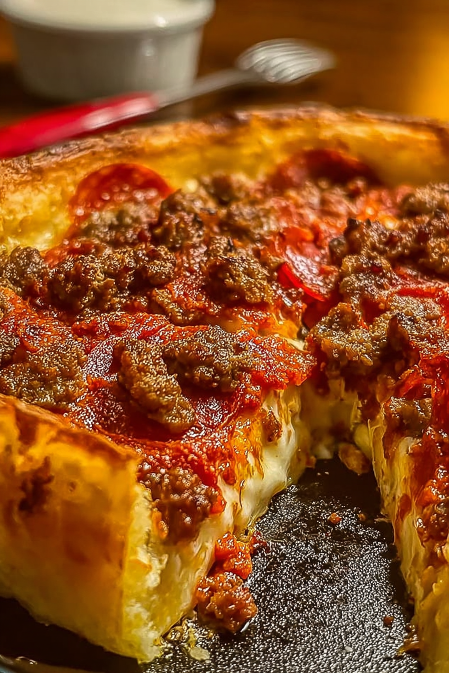 Ultimate deep-dish chicken hamburger chicken sausage chicken pepperoni pie recipe image 2