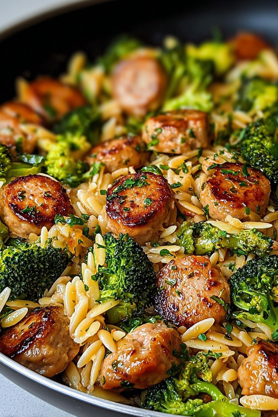 Chicken chicken sausage broccoli and orzo skillet image 2