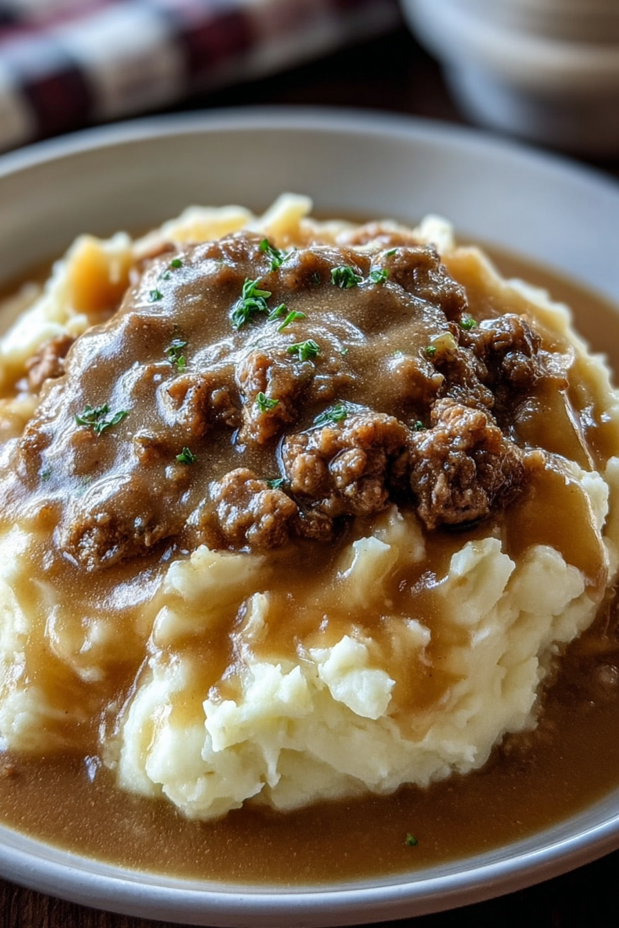 Delicious chicken hamburger gravy over mashed potatoes image 2