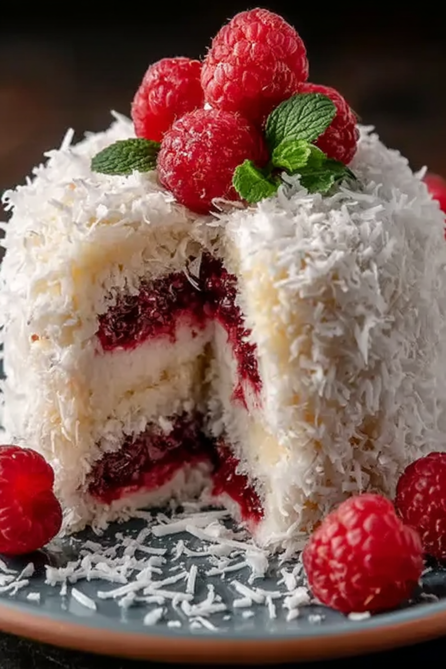Raspberry Swirl Coconut Snowball Cake image 2