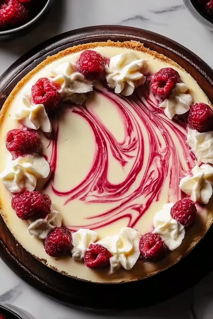 Elegant White Chocolate Raspberry Swirl Cheesecake image 2