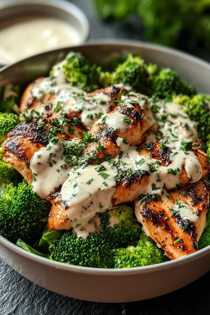 Grilled Chicken & Broccoli Bowls with Creamy Garlic Sauce image 2