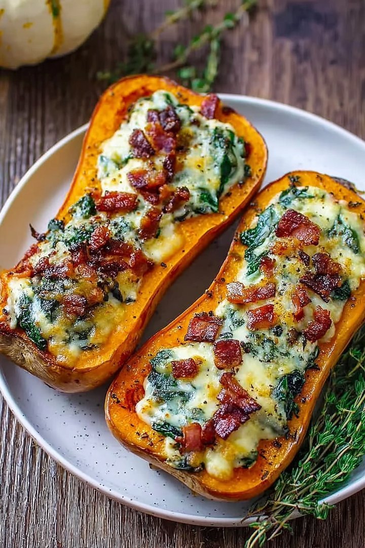 Irresistible Stuffed Butternut Squash with Spinach, Turkey Bacon, and Cheese - Alrightwithme image 2
