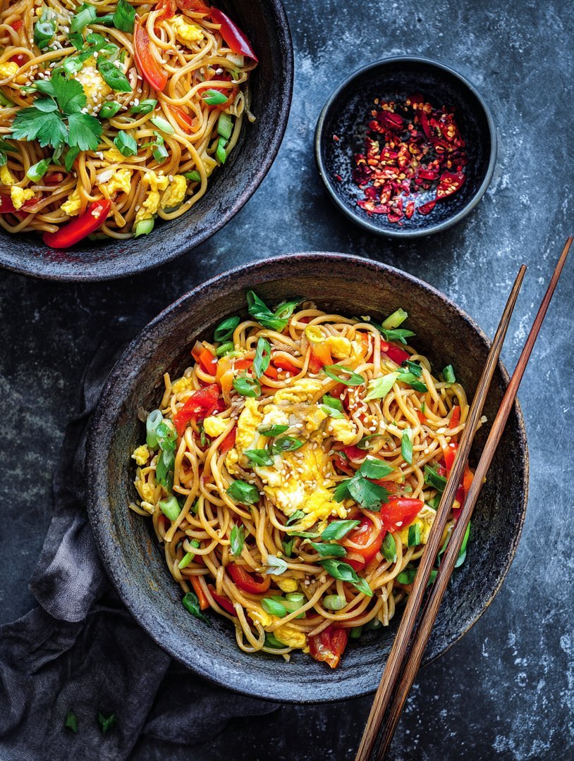 Fried noodles like at a Chinese restaurant, with egg and vegetables image 2